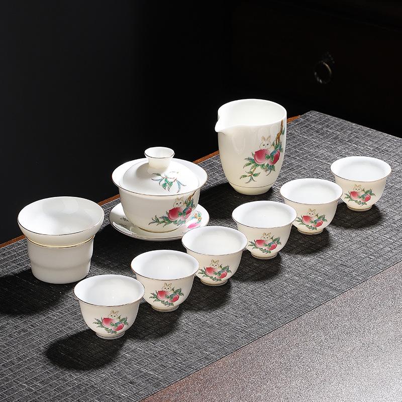 

White porcelain cover bowl teacup gold-painted tea maker ceramic gift set suet jade kung fu tea set