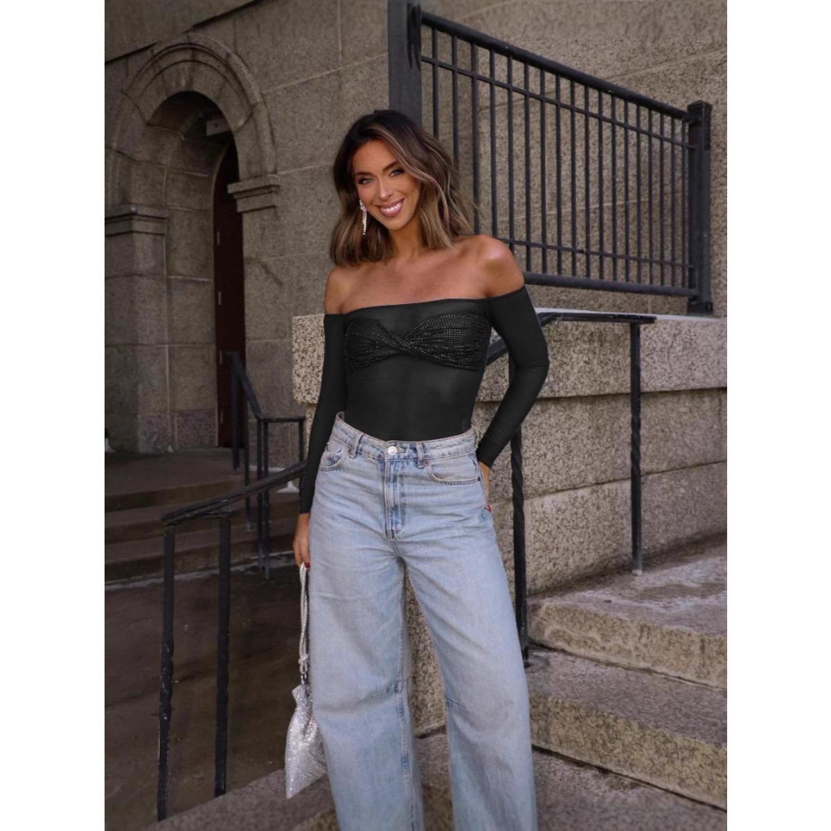 Women s Sexy Sheer Cropped Long Sleeve Top, Solid Sequined See Through Crop Top for Amazon Independent Station S чёрный