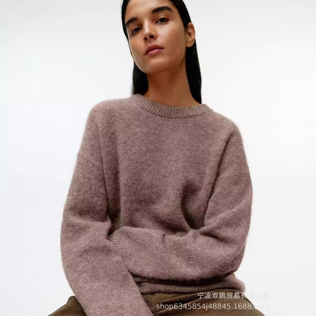 American Lazy Soft Waxy Gray Pullover Sweater Women's Autumn and Winter Loose Thickened Sheep Wool Crew Neck Knitted Sweater