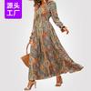 European and American Retro Printing Dress V-neck Waist Ruffle Edge Long Sleeve Big Swing Elegant Long Dress Women's Clothing