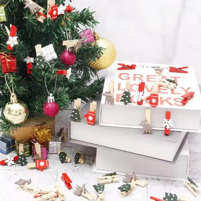 100/50pcs Xmas Wooden Clips Random Style Christmas Tree Photo Clip Pendant Elk Gloves Snowflake Modeling Clip DIY New Year Decor