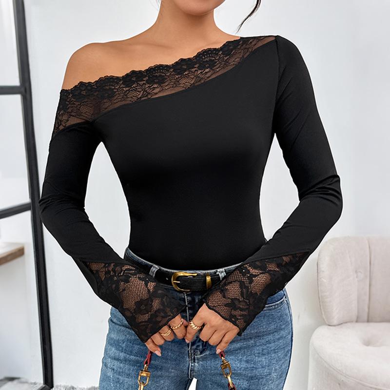 

A new elegant and sexy slim-fit lace one-shoulder off-the-shoulder black European and American jumpsuit XL