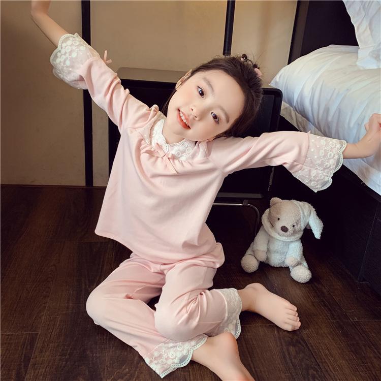 Girls' Home Clothes Set Spring and Autumn New Lace Lace Children's Loose Long Sleeve Pajamas Sleepy Pants Sweet Two Piece Set