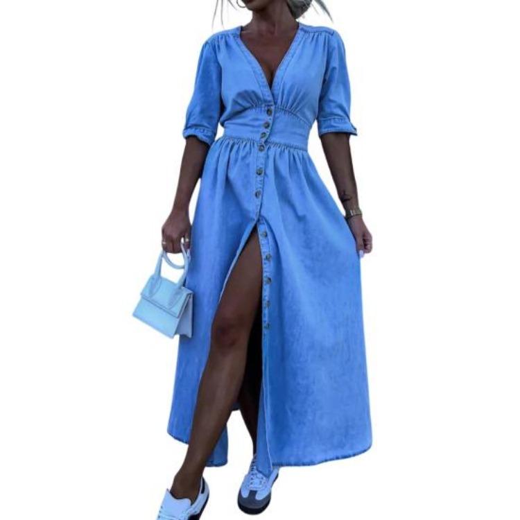 Women Long Denim Maxi Dress Casual V Neck Short Sleeve Summer Spring Jean Dress Button Down S