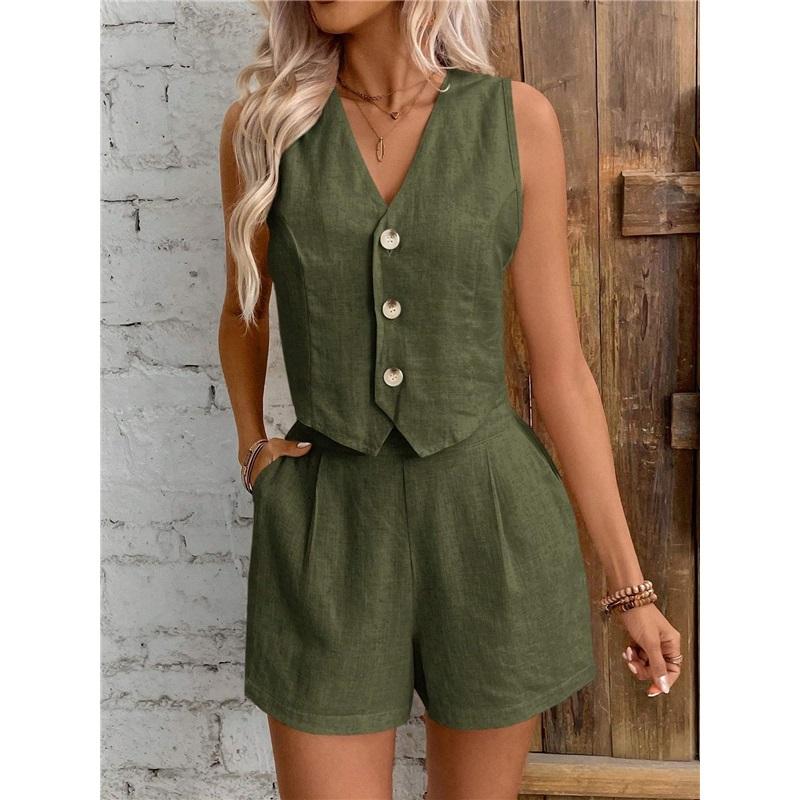 Women 2 Piece Outfit V Neck Sleeveless Button Vest High Waist Pocket Shorts Summer Linen Suit