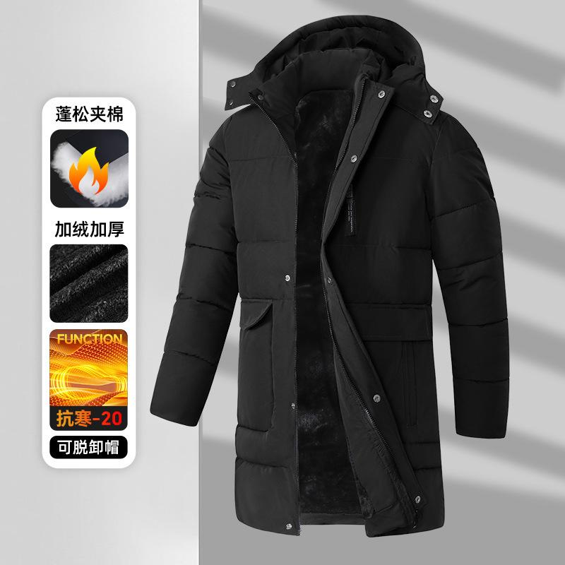 

Winter new cotton-padded men s loose coat medium and long outdoor thickened velvet removable hat warm cotton clothes XL
