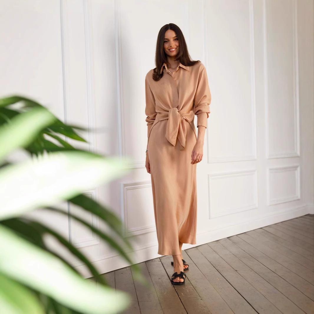 

Женский модный комплект для поездок: Однотонная рубашка с длинным рукавом и миди-юбка с высокой талией. Large легкие хаки