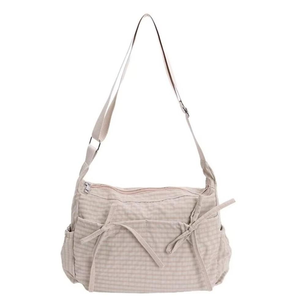 Multiple Pockets Nylon Shoulder Bag Grid Hobo Bag Sweet Bow Crossbody Bag  Outdoor