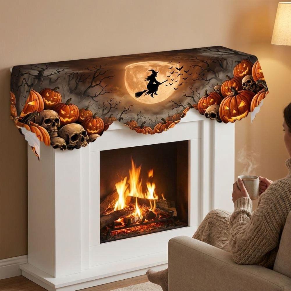 Country-Style Halloween Mantel Scarf Scalloped Edge Spooky Fireplace Topper  Home Living