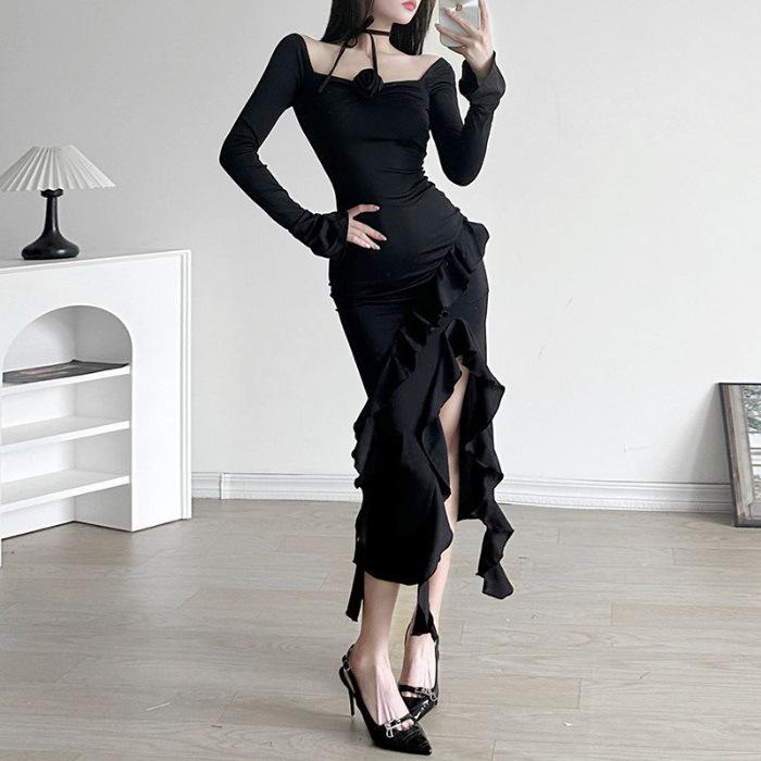 

Sexy French Rose Black Ruffle Long Dress with Square Neck and Slit Large чёрный