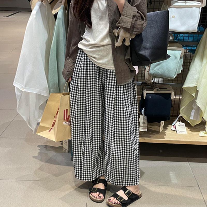 Women's Black & White Plaid High-Waisted Slimming Cotton-Linen Pants, Summer 2025 Style, Petite Nine-Point Length.