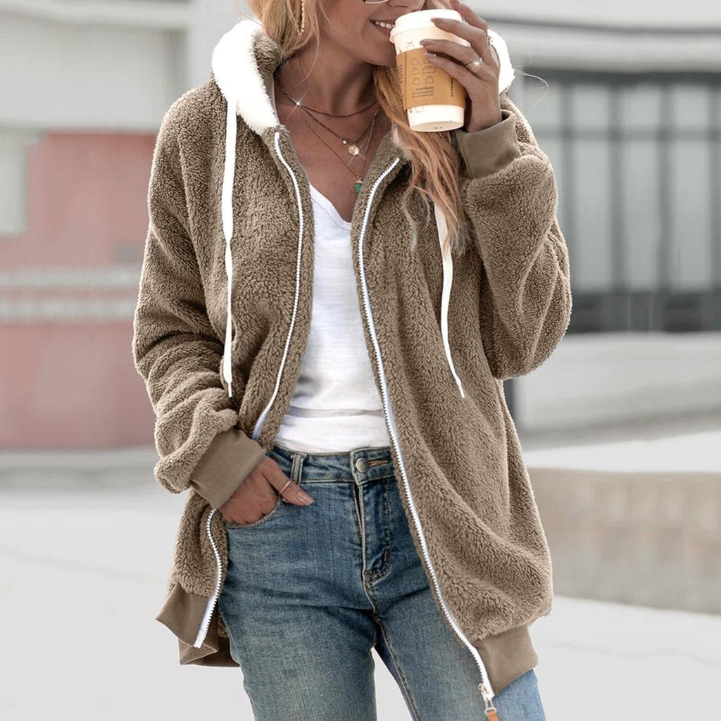 Giacca Oversize Donna Autunno Inverno Manica Lunga Colore Unico Top Cerniera Pelliccia Cappuccio Caldo Cappotto Ispessito Coulisse Giacche