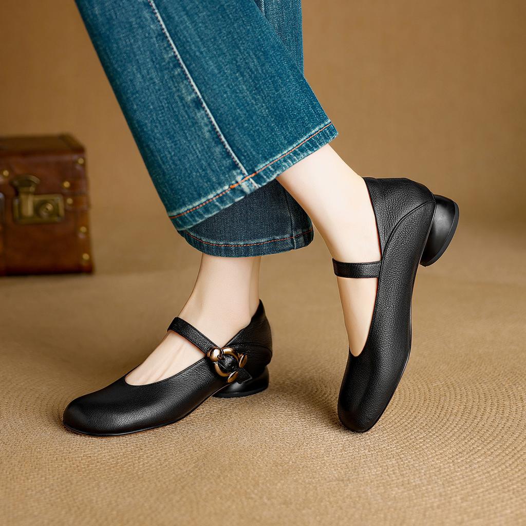 Great To Wear WvavW French Super Soft One-word Buckle Mary Jane Single Shoes Are Not Tired of Low Thick Heel Grandma Shoes