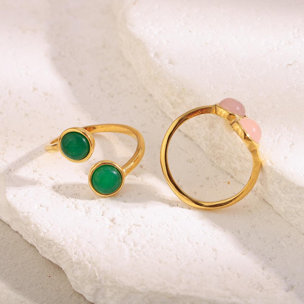 Stainless Steel Double Head Open Ring for Women Minimalist 18K Gold Plated Adjustable Green Pink Stone Rings Fashion Jewelry