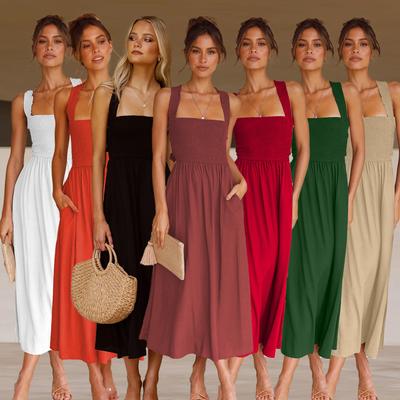 Women Spring Sleeveless Slim Suspender Camisole Dress Summer Casual A-Line One-piece Collar Backless High Waist Solid Color Dresses S-XL