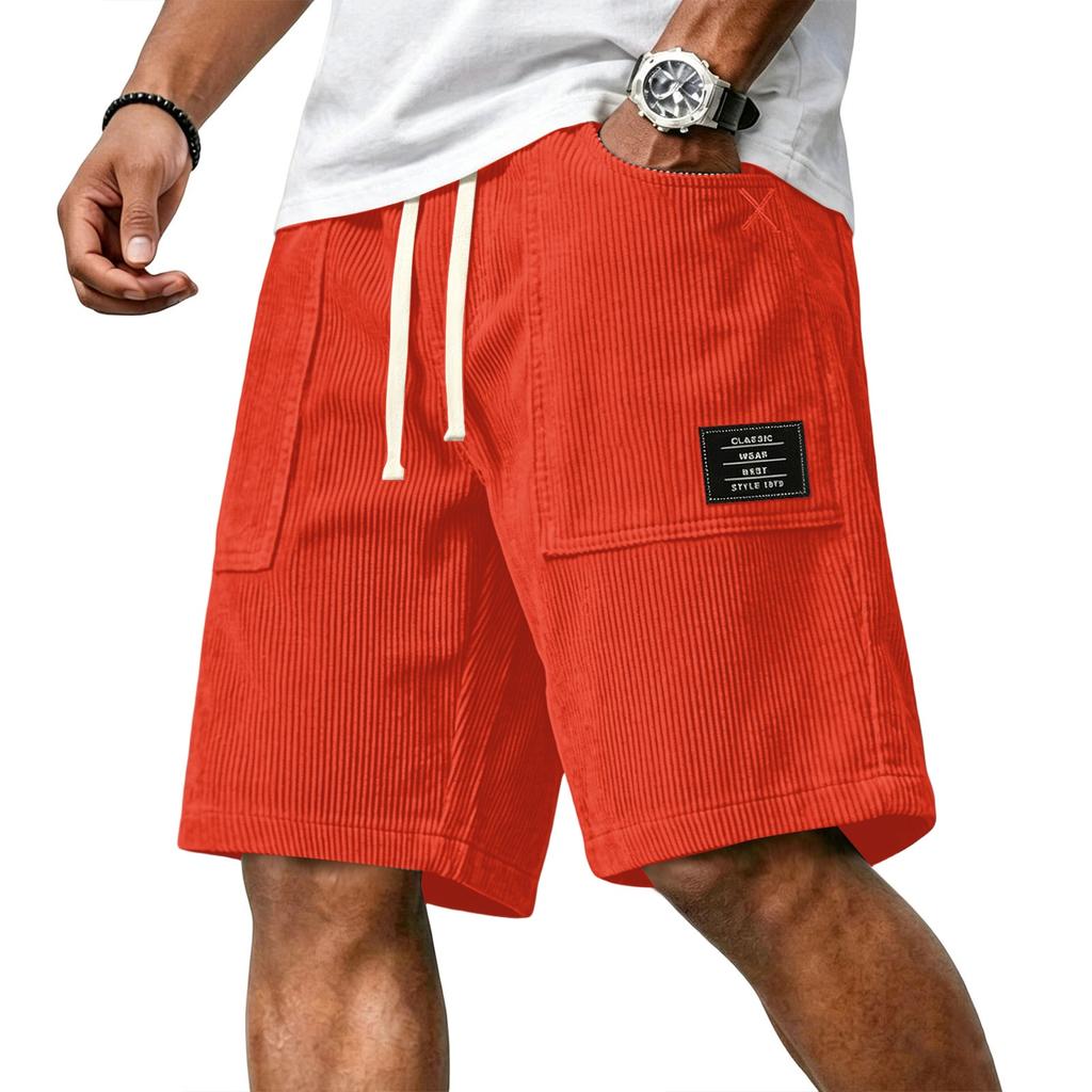 Men's Casual Corduroy Drawstring Shorts with Front Patch Pockets and Elastic Waistband Suitable for Everyday Wear and Outdoor Activities