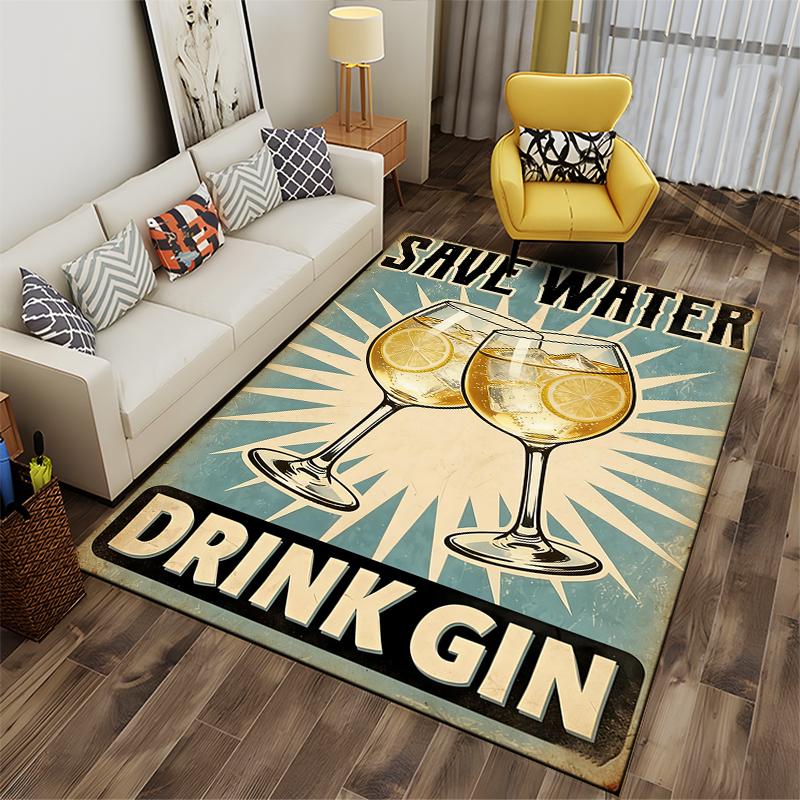 Retro Style Rug with "Save Water Drink Gin" Print, Gin Glass Design Suitable for Use As an Anti-slip for Living Room Bedroom Sofas