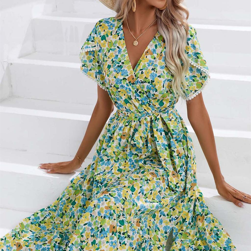 QICED Women's Fashion Summer Spring Floral Print Short Sleeve V-Neck Casual Dresses