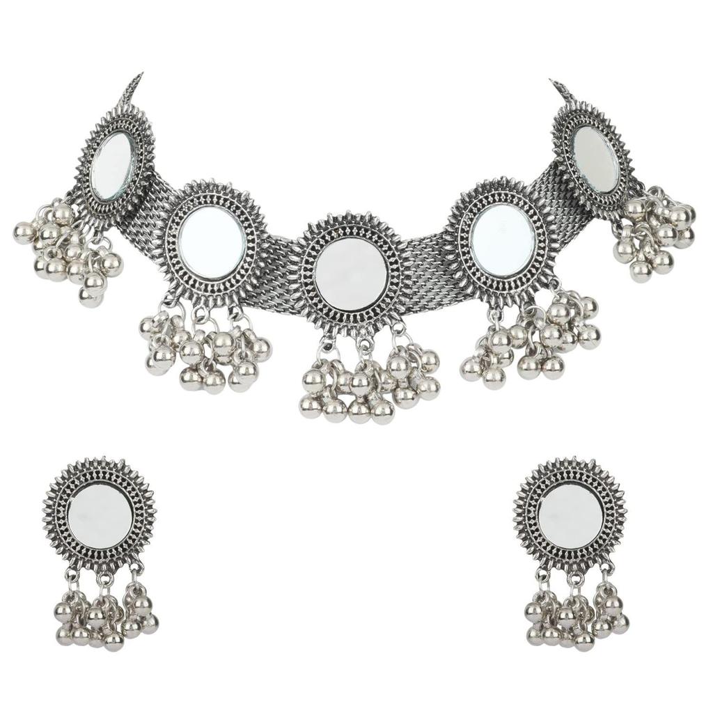 Shining Diva Fashion Latest Stylish Fancy Oxidised Silver Tribal Choker Necklace Jewellery Set for Women