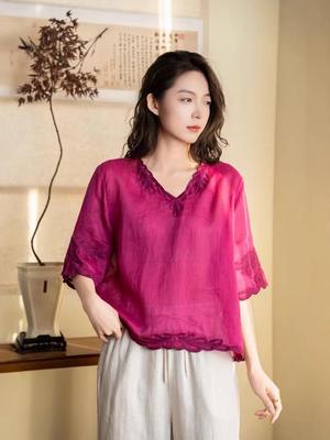 Retro Artistic Linen Embroidered V-Neck Women's Five-Sleeve Pullover - 2026 Spring Collection