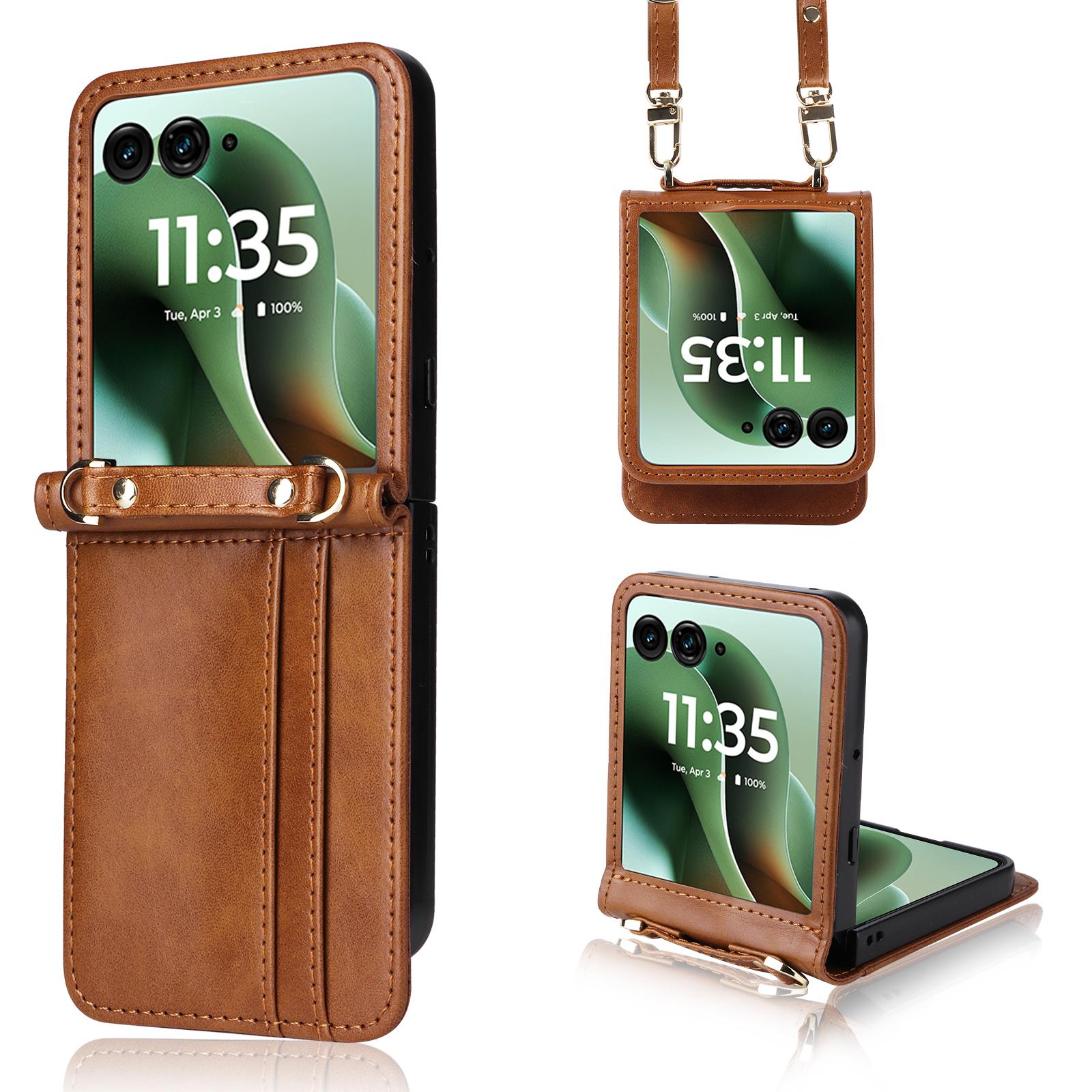 

Чехол для Motorola Razr 60 Ultra 5G/Razr Ultra 2025 5G с отделениями для карт, кожаная обложка для телефона со шнурком Brown