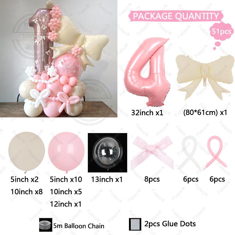 51pcs Cream Bow Balloon Pink Number Birthday Balloon Set Festive Supplies Party Decoration Children's Birthday Surprise Gift