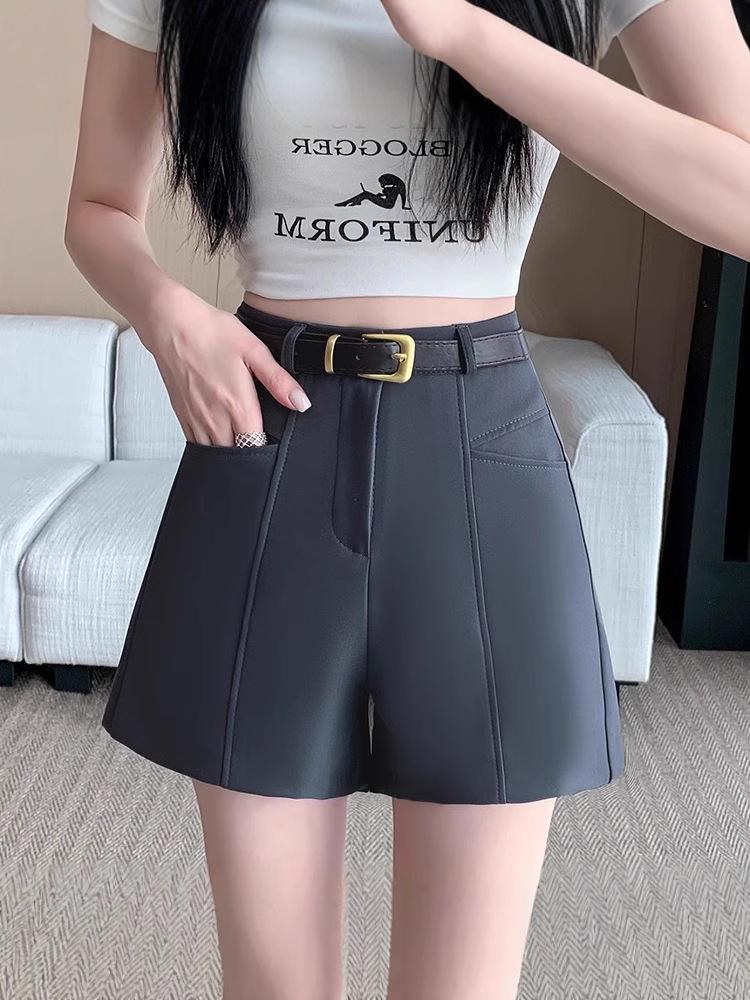 Women's High-Waist Summer A-line Booty Shorts - Black Outwear Slimming, Loose, Casual Wide-Leg Pants
