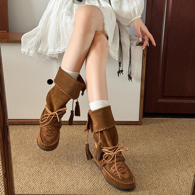 Módní Retro Pletené Střapce Šněrovací Dámské Westernové Kotníkové Boty Ohrnutý Okraj Vnitřní výška Poloviční Holenní Boty Dámské Venkovní Ležérní Boty