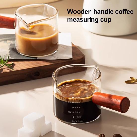 Coffee Milk Pitcher with Wooden Handle Mini Glass Creamer Cup for Espresso Small Sauce Dipping Bowl Measuring Scale Condiment Dish