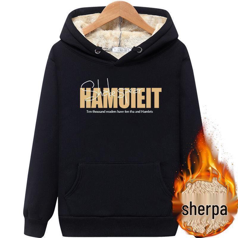 Pánská mikina s kapucí z jehněčí kůže - Zimní sametově silná trendy bunda, Hong Kongský styl, Teplá, Studentská, Velká velikost, 12