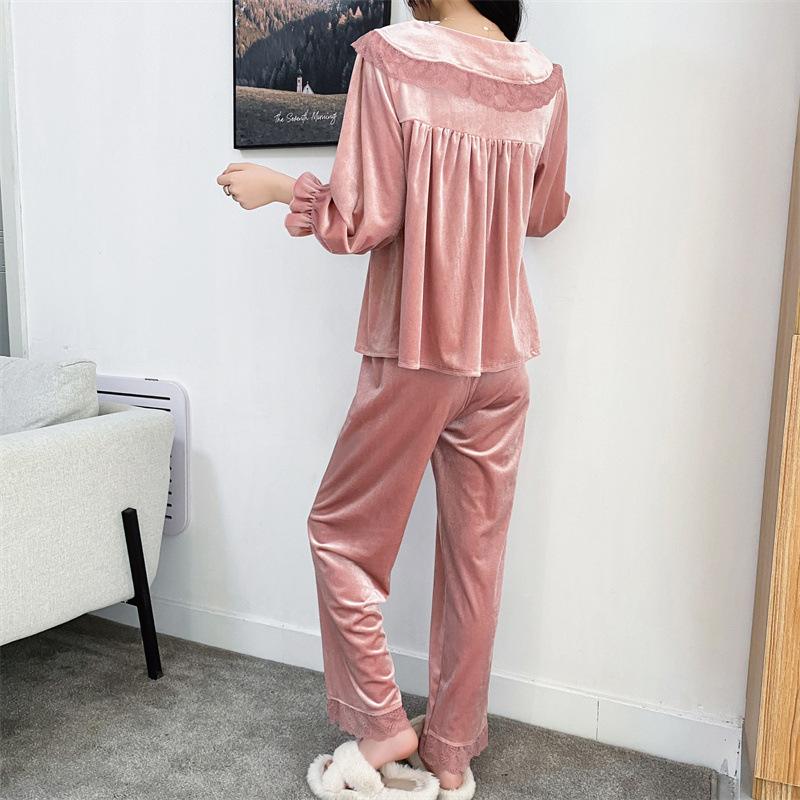 Velvet Lapel Long Sleeved Cardigan Pants Pajama Set Loose Fitting Casual Home Wear Women's Sexy Lace Edge Sleepwear Loungewear