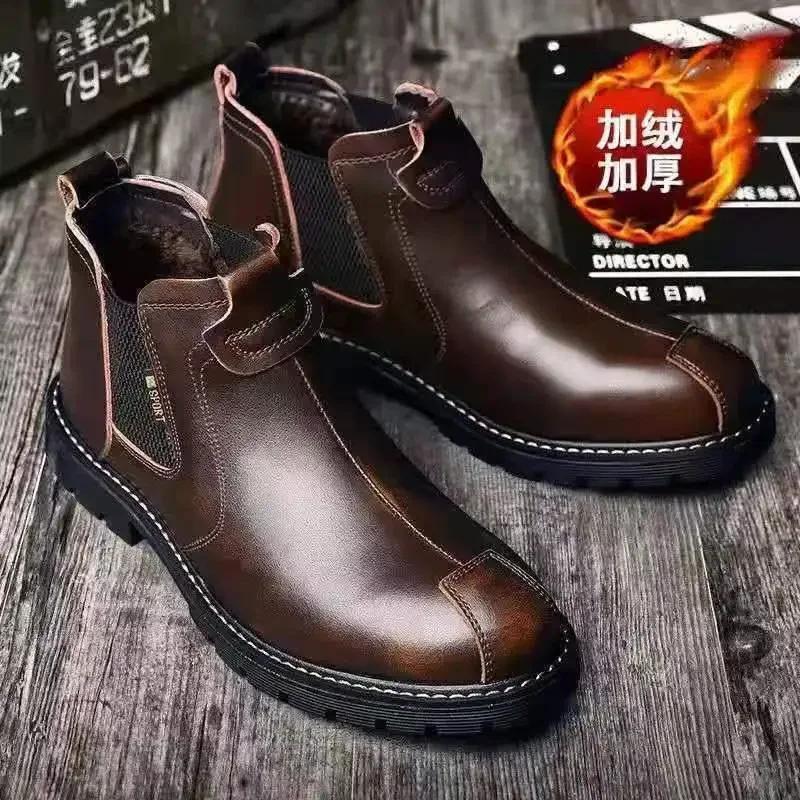 High Quality Retro Men Ankle Boots British Chelsea Business Casual Leather Shoes Fashion Comfortbale Thick Sole Work Boots Botas