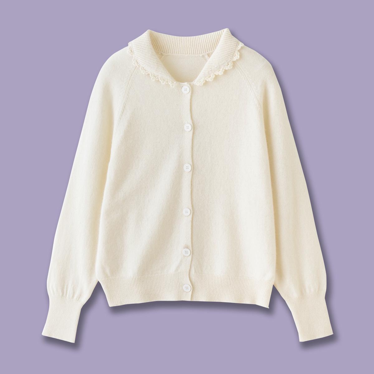 

2025 Зимний корейский милый кружевной воротник вязаный кардиган женский топ One Size белый/слоновая кость