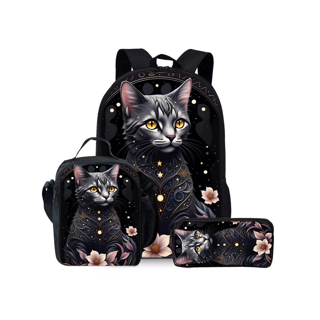 Set di Zainetti Tre Pezzi con Stampa Gatto Nero e Fiori per Ragazzi e Ragazze Migliori Regali Zaino Scolastico Cartoon Piatto 2D per Bambini