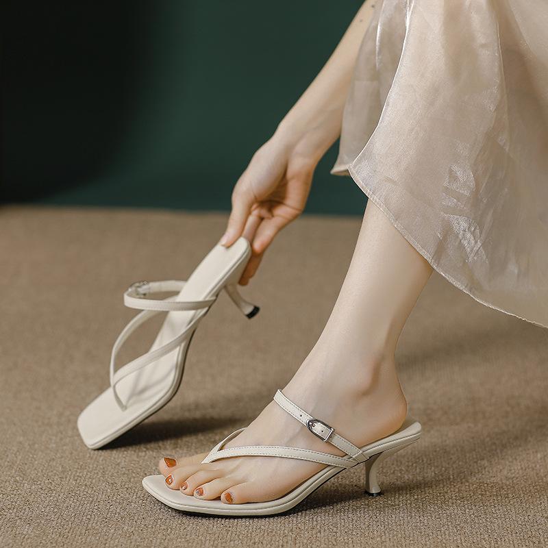 2025 New Summer French High Heels Stiletto Fashion Square Head Pinch Sandals Kitten and Flip-flops Cool Slippers