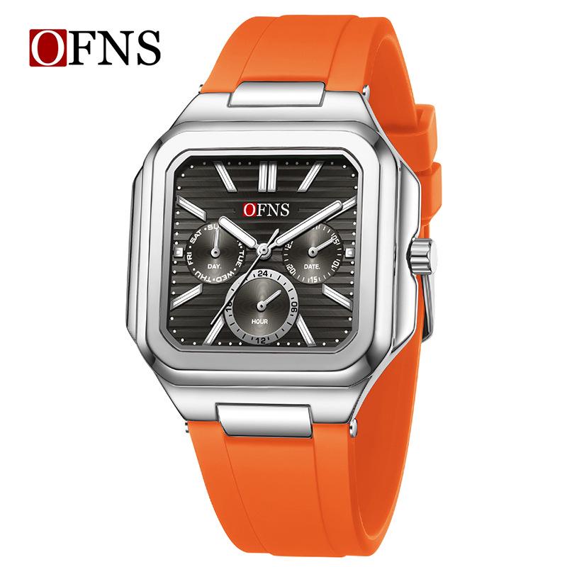 OFNS Six-Hand Men's Square Quartz Watch: Luminous, Day-Date, 30M Waterproof, Silicone Steel Band, Hot Seller