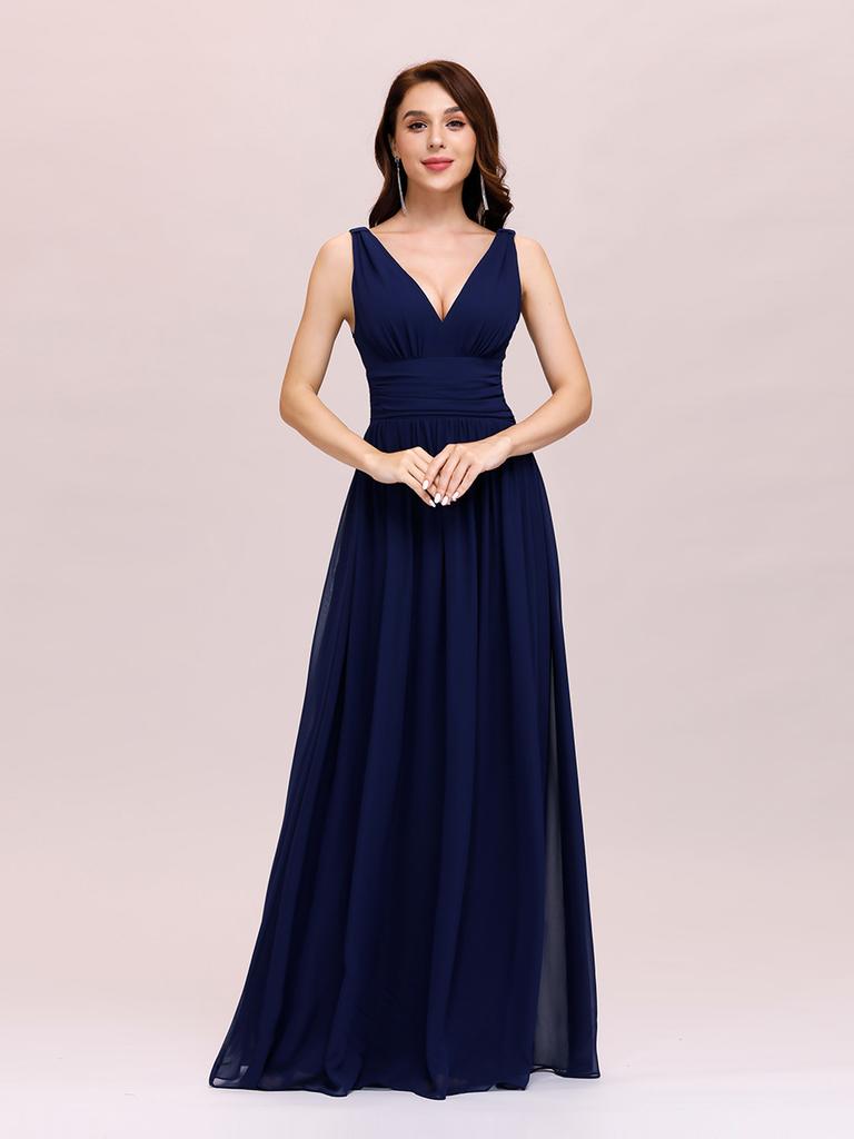 Ever-Pretty Women's Chiffon Pleated Double V-Neck Maxi Evening Dresses Sleeveless Bridesmaid Dress