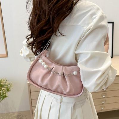 Sac bandoulière en cuir PU avec chaîne perles Style coréen Sac à main plissé Sac d'épaule nuage Employé de bureau