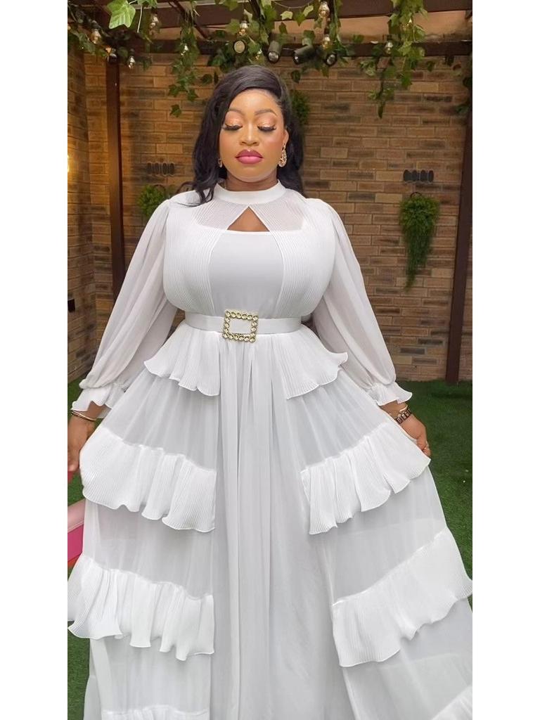 Plus Size Elegant Pleated Dress with Rhinestone Belt and Ruffled Layers for Formal Events