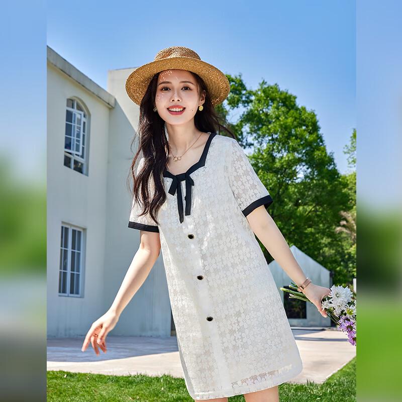 VICTORIA&VERA Summer Chic Square Neck Lace Bow Short Sleeve Mini Dress