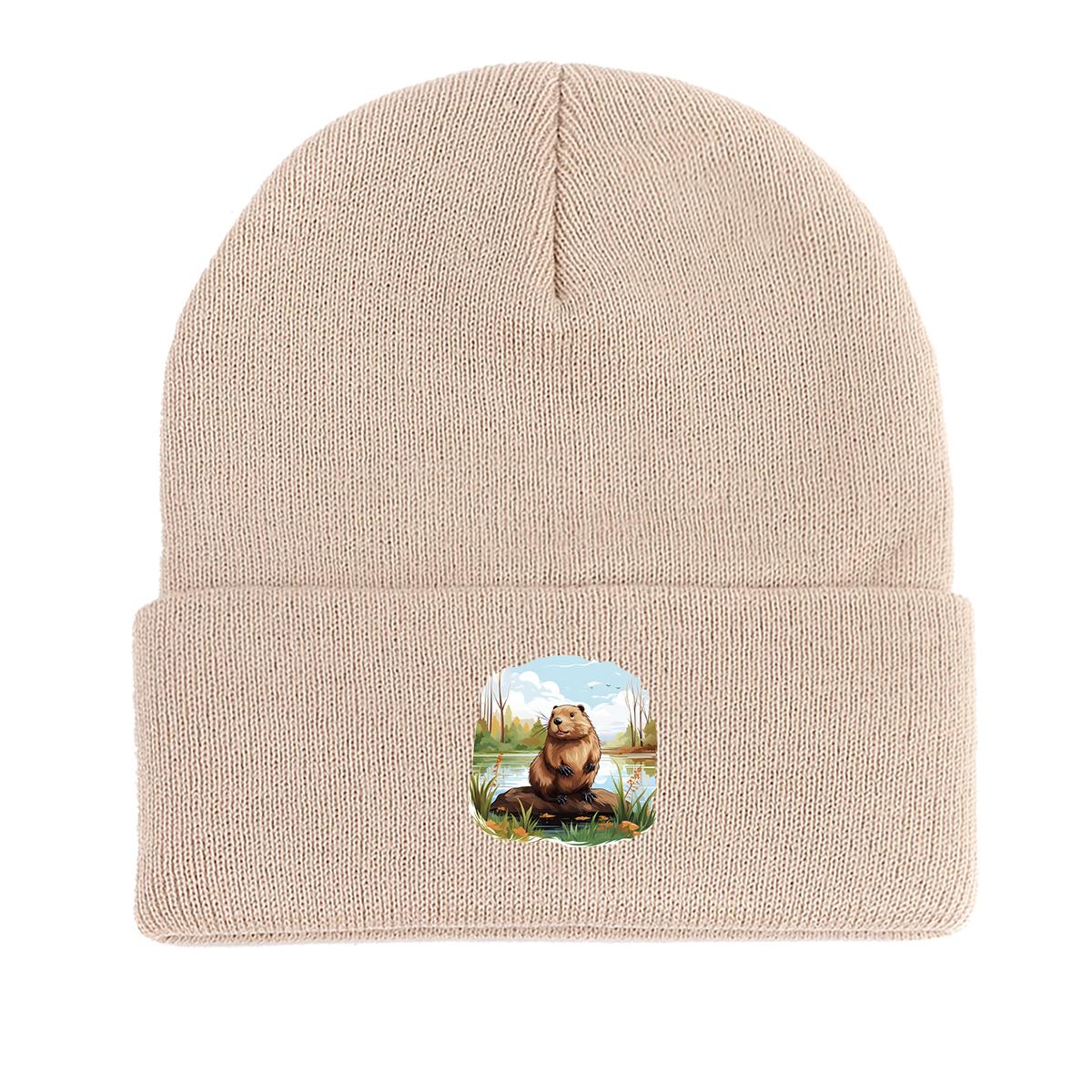 

Hamster River Warm Knitted Hat Beanie, Animal Woman Cap Cozy Stretchy Leisure Gorro Knitted Cap Beanie as the picture бежевый