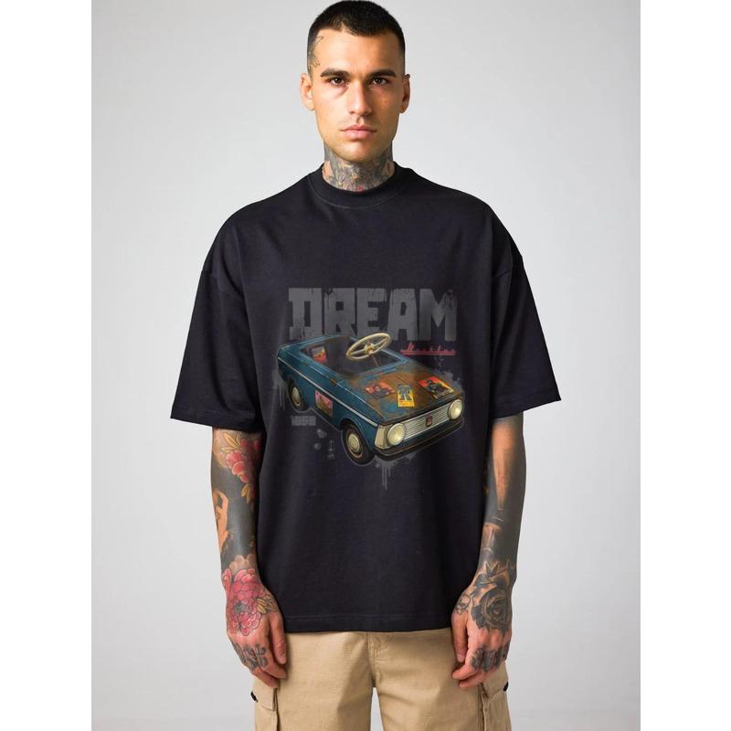Oversized T Shirt Black Dream Car Graphic Print Streetwear Casual Wear for Men
