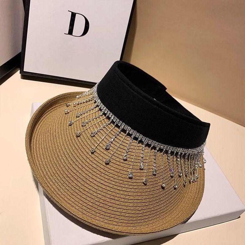 Beach Straw Woven Sunshade Hat Rhinestone Embroidered Sun Hat Fashionable Leisure Vacation Foldable Women's Empty Top Hat