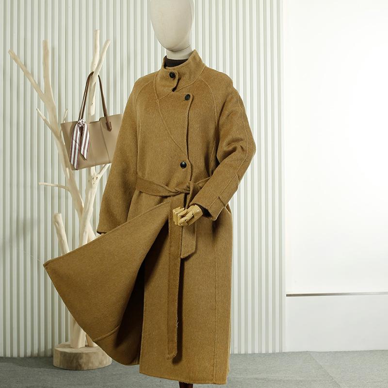 New wool coat stand-up collar lace-up medium and long warm commuter wool double-sided woolen coat jacket