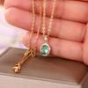 Women Oval Green Stone Pendant Necklace with Sparkling Halo Elegant Gold Chain