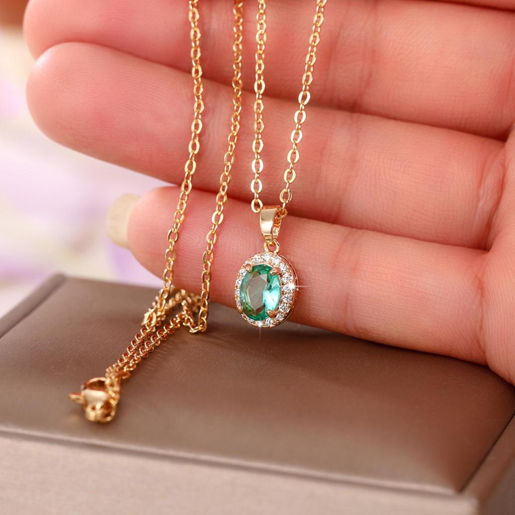 Women Oval Green Stone Pendant Necklace with Sparkling Halo Elegant Gold Chain