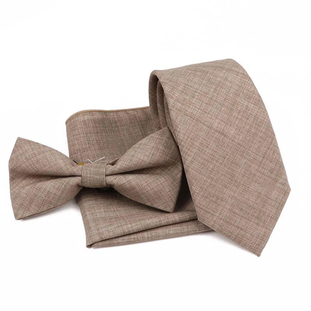 Men Fashion Solid Color Cotton Tie Bowtie Handkerchief Set Wedding Party Butterfly Necktie
