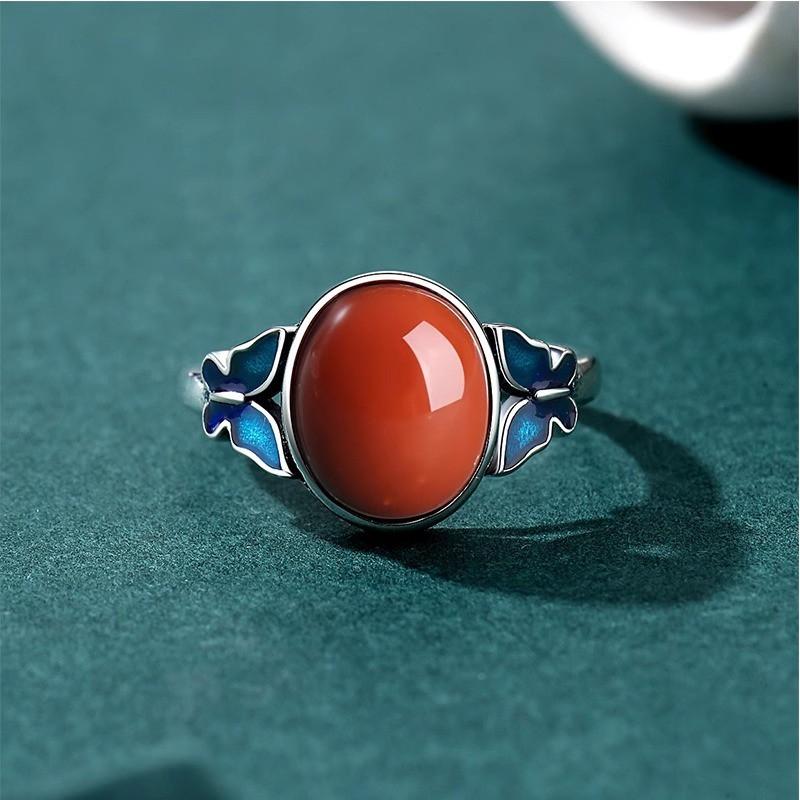 Adjustable Open Ring Women Men Vintage Butterfly Motif Enamel Red Agate Bohemian Style Copper Jewelry