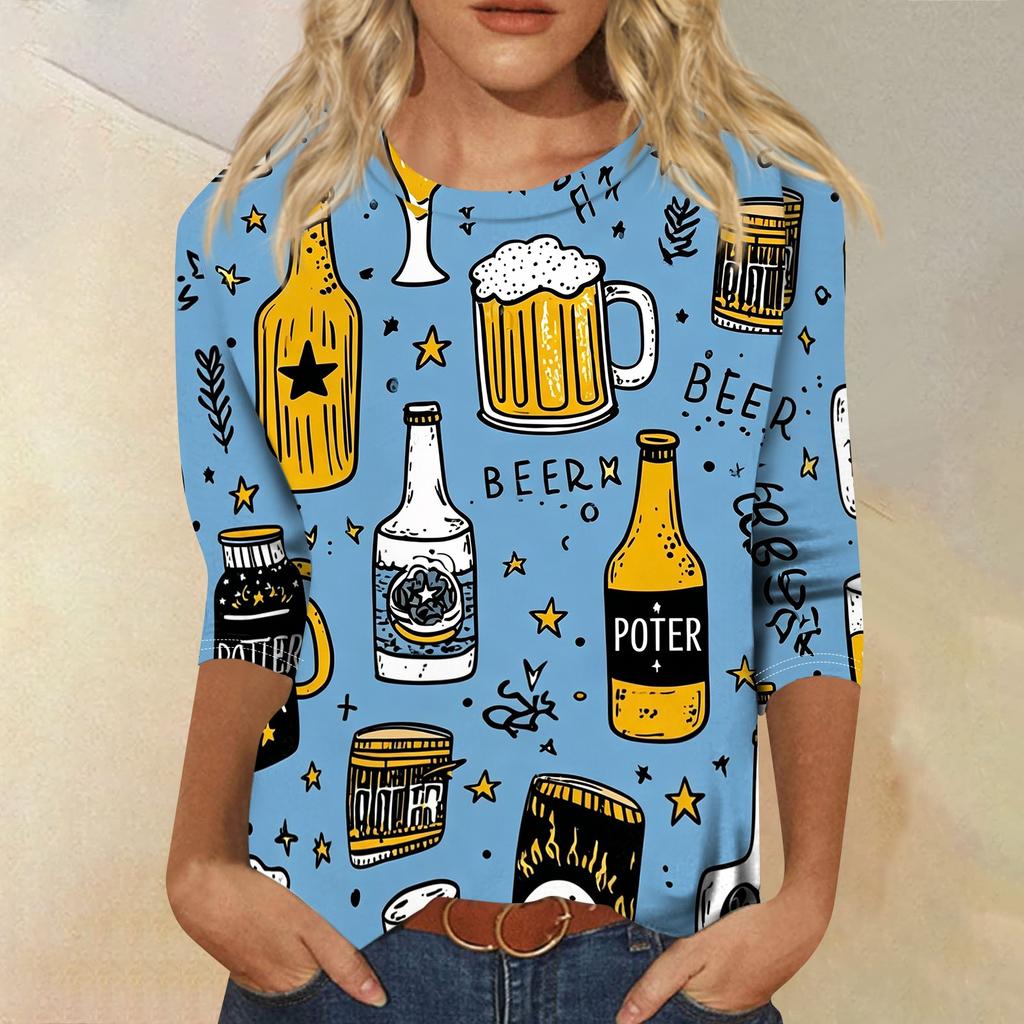 Womens Casual Crew Neck Three Quarter Sleeve Printed Top Relaxed Fit Soft Lightweight Festival Theme T Shirt Blouse