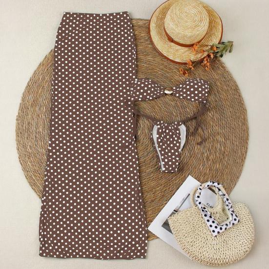 3Pcs/Set Women Swimsuit Set Chest Pad No Underwire Bandeau Bra Dot Print Swimming Briefs Set with Split Skirt Sexy Woven Beach Bikini Set